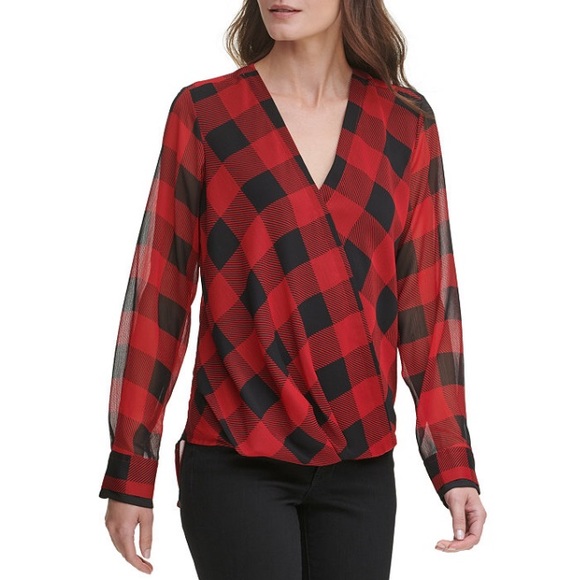 DKNY Printed Wrap Top Black Rudolf Red Multi - Picture 3 of 8